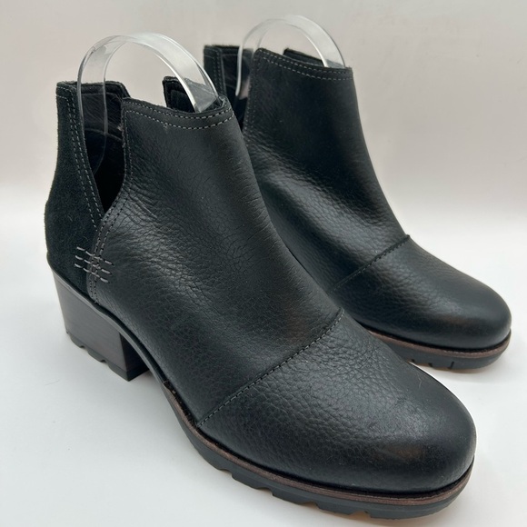 Sorel Women's Cate Cut Out Ankle Boot Black Leather & Suede Stack Heel Size 7.5 - Picture 5 of 12